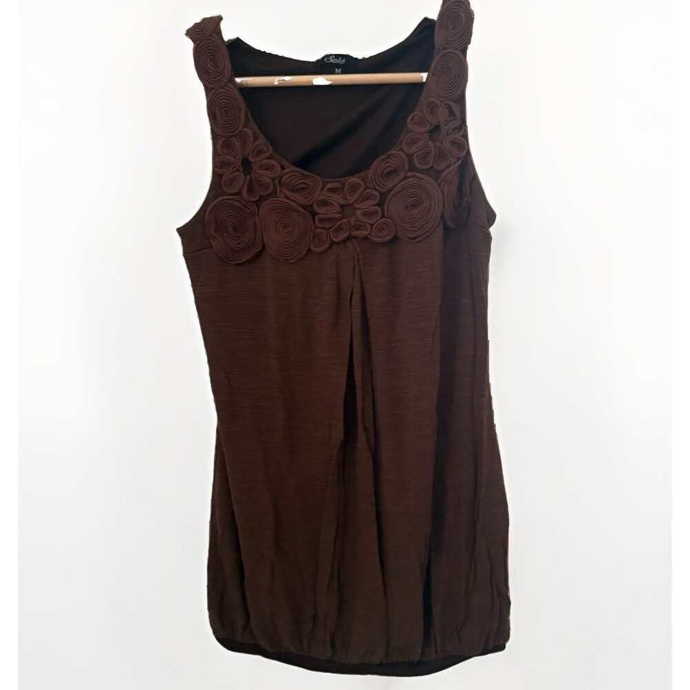 Sele Womens Size M Tank Rosette Dark Brown Top Sleeveless Balloon Hem Camisole